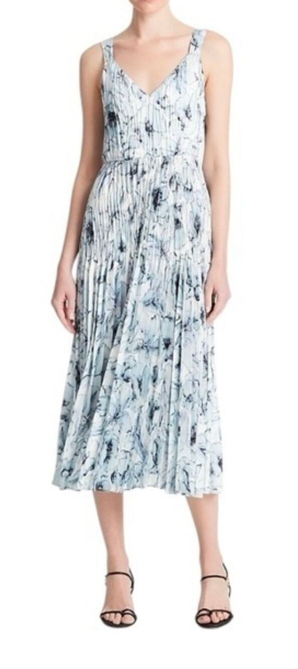 Vince $615 Washed Lily Pleated V-Neck Midi Slip Dress in Pale Azure Size XL